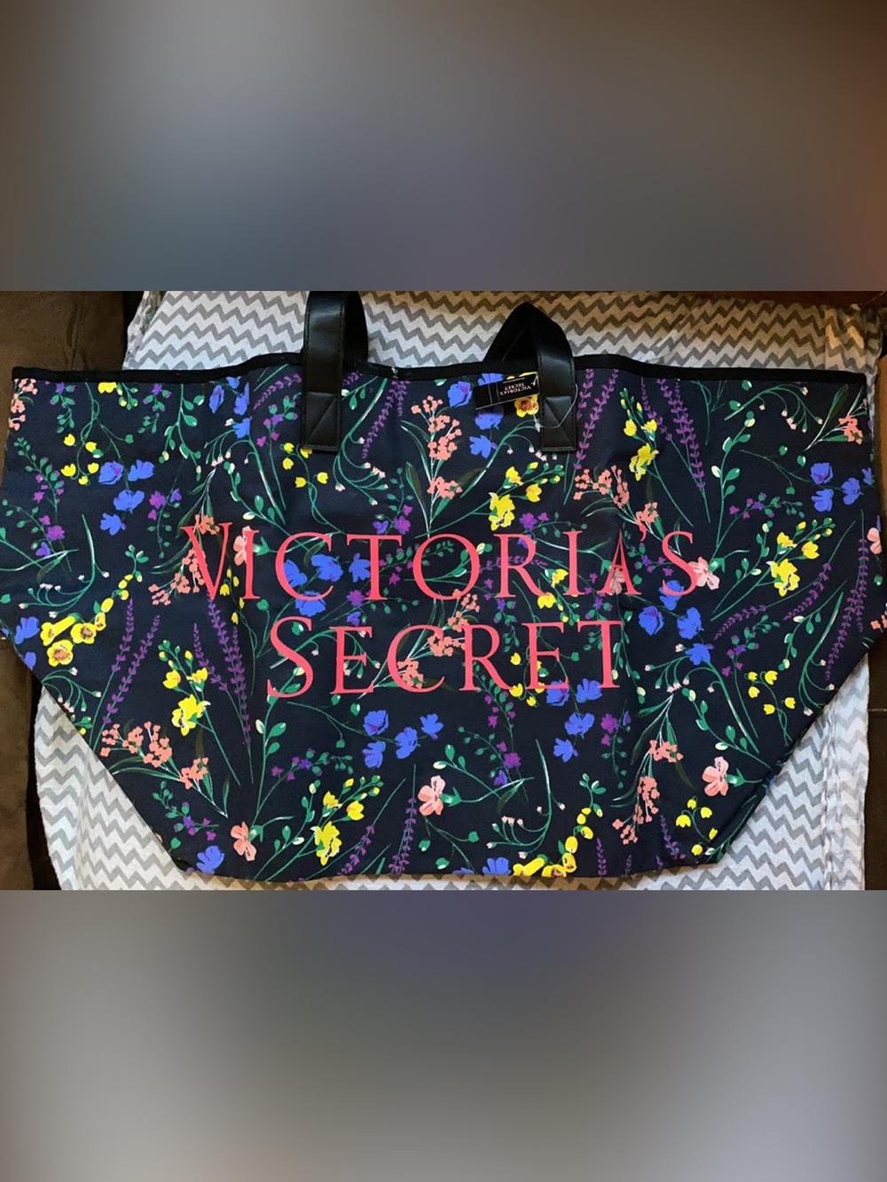 Victoria's Secret Black Floral Logo Tote with Pink Lettering